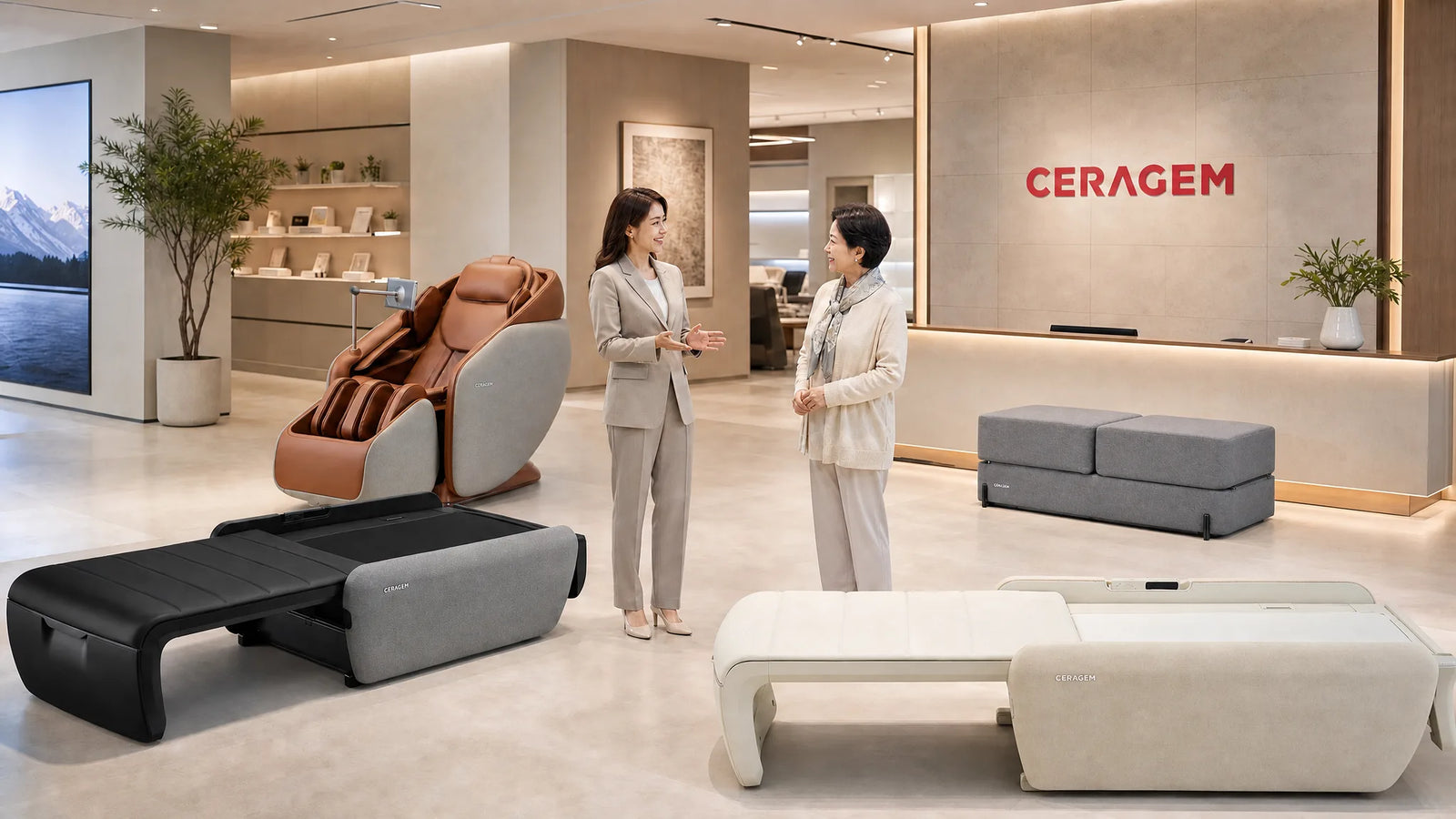 Two women talking beside a CERAGEM massage chair in a bright CERAGEM showroom