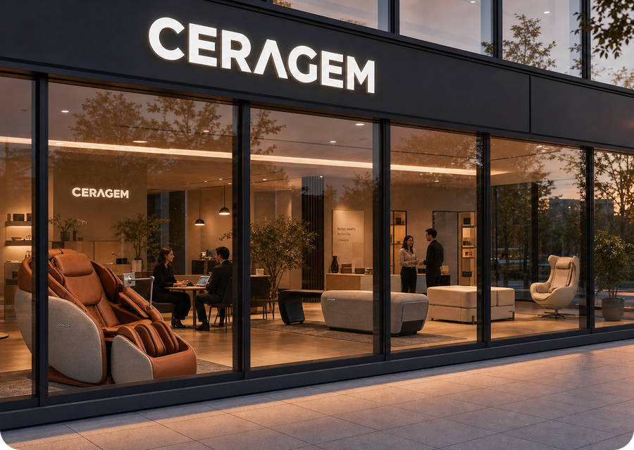 CERAGEM store front with interior view, featuring massage chairs and a reception area.